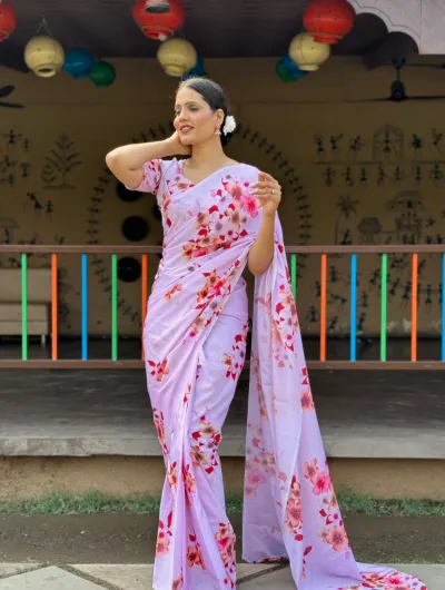 1 Min Pink Ready to Wear Chinon silk  Stitched Saree