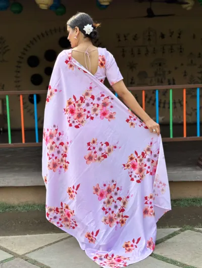 1 Min Pink Ready to Wear Chinon silk  Stitched Saree