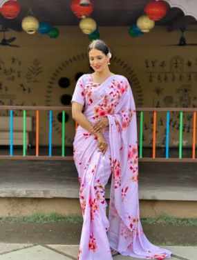 1 Min Pink Ready to Wear Chinon silk  Stitched Saree