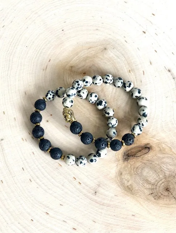 2 pc set - Natural Lava Stone and Dalmation Jasper Mala Bracelet