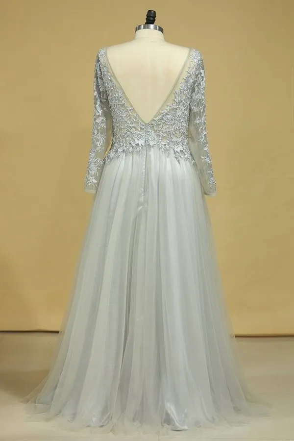 2024 Long Sleeves Prom Dresses Bateau With Slit & Embroidery Tulle Floor Length Plus PD9PETKJ