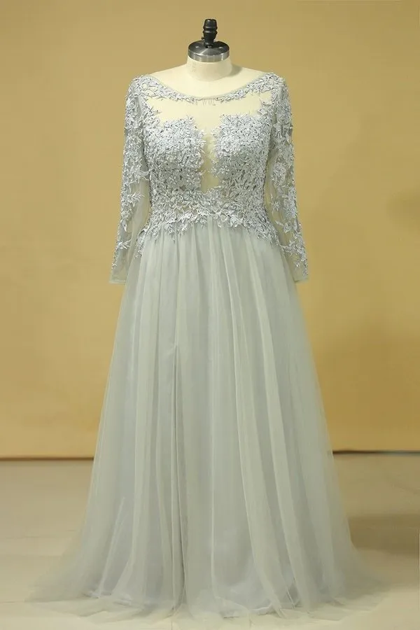 2024 Long Sleeves Prom Dresses Bateau With Slit & Embroidery Tulle Floor Length Plus PD9PETKJ