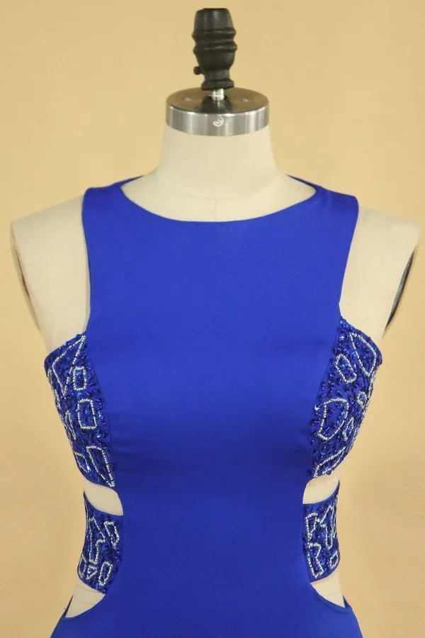 2024 Plus Size New Arrival Scoop Prom Dresses Dark Royal Blue Mermaid Spandex With Beading Sweep PT26YF58