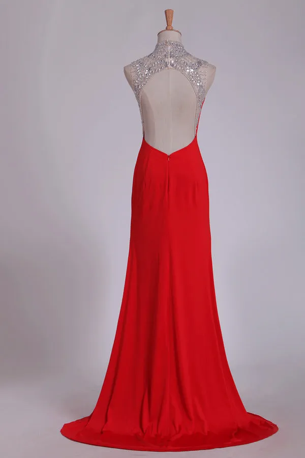 2024 Red High Neck Prom Dresses Sheath/Colum With Beading P3XSANTS