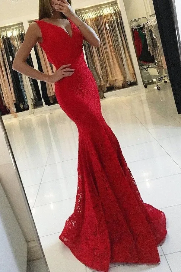 2024 V Neck Prom Dresses Mermaid Lace With Applique PAPQ69AP