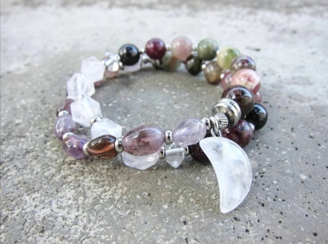 27 Bead in Watermelon Tourmaline, Purple Phantom Quartz, Rose Quartz and Moonstone