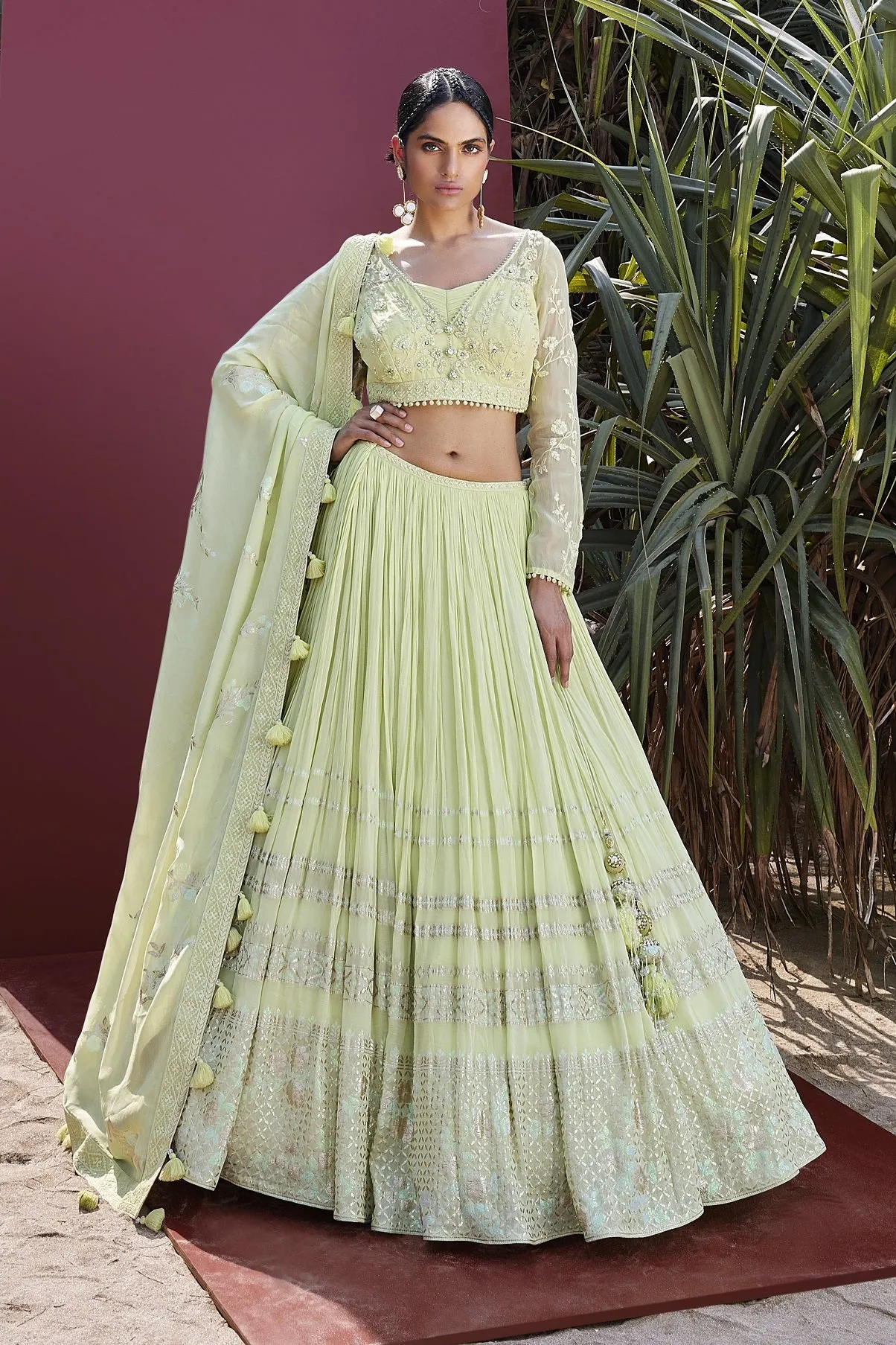 310065 Lemon Yellow Embroidered Georgette Lehenga with Dupatta