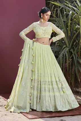 310065 Lemon Yellow Embroidered Georgette Lehenga with Dupatta