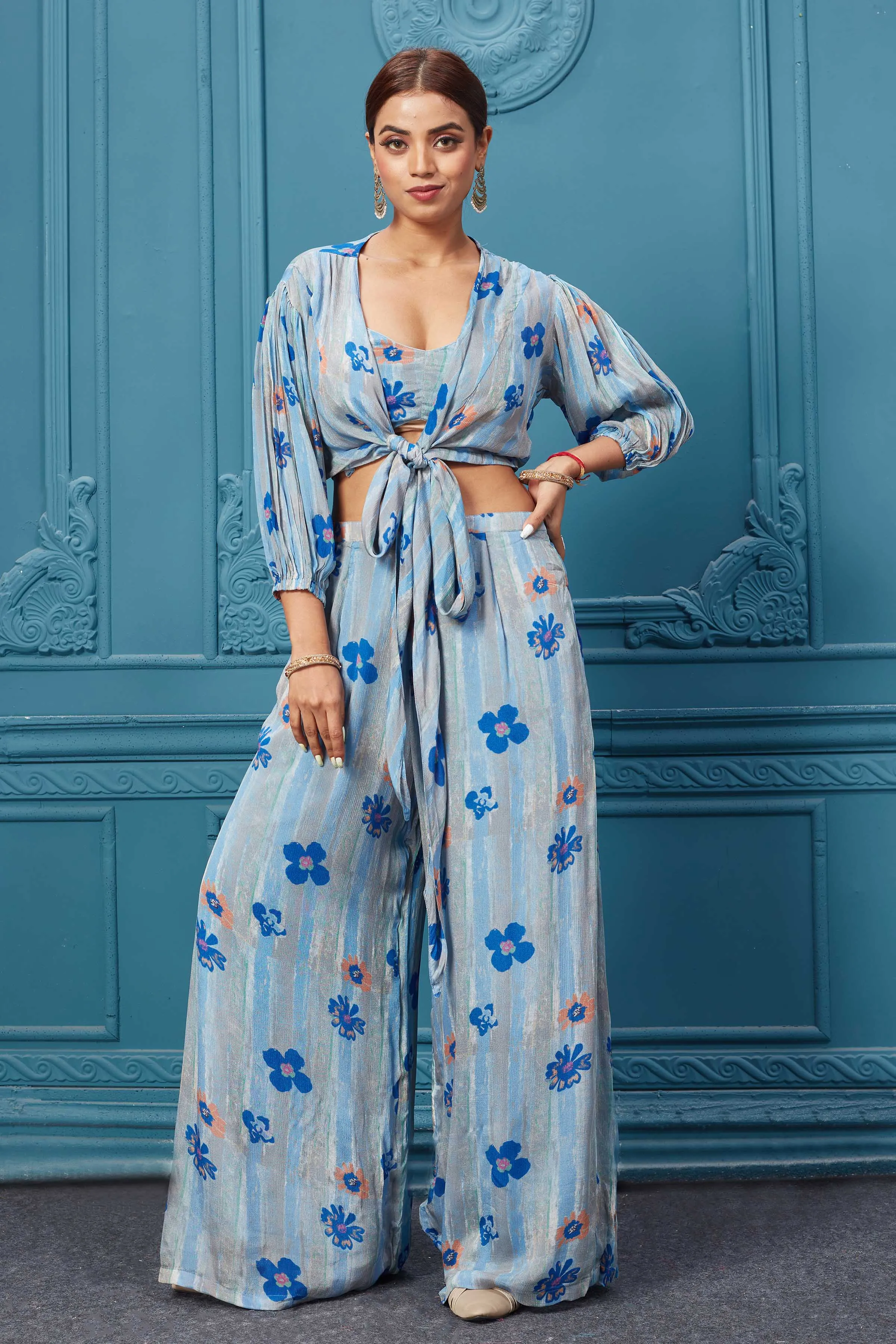 510016 Blue Floral Stylish Suit Set