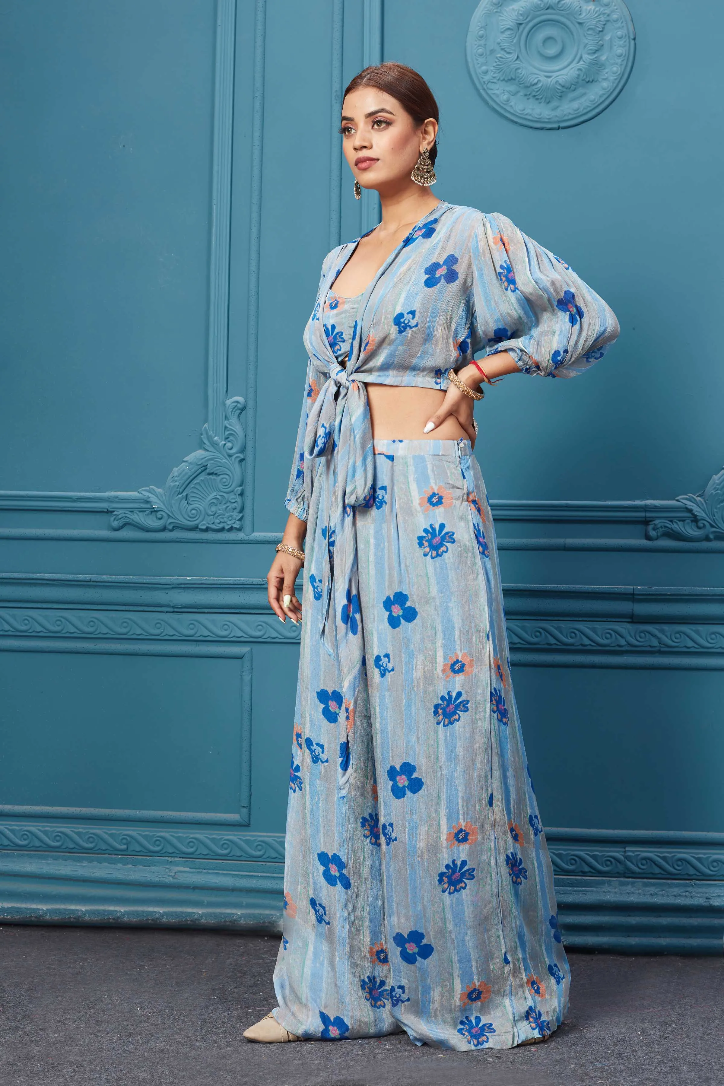 510016 Blue Floral Stylish Suit Set