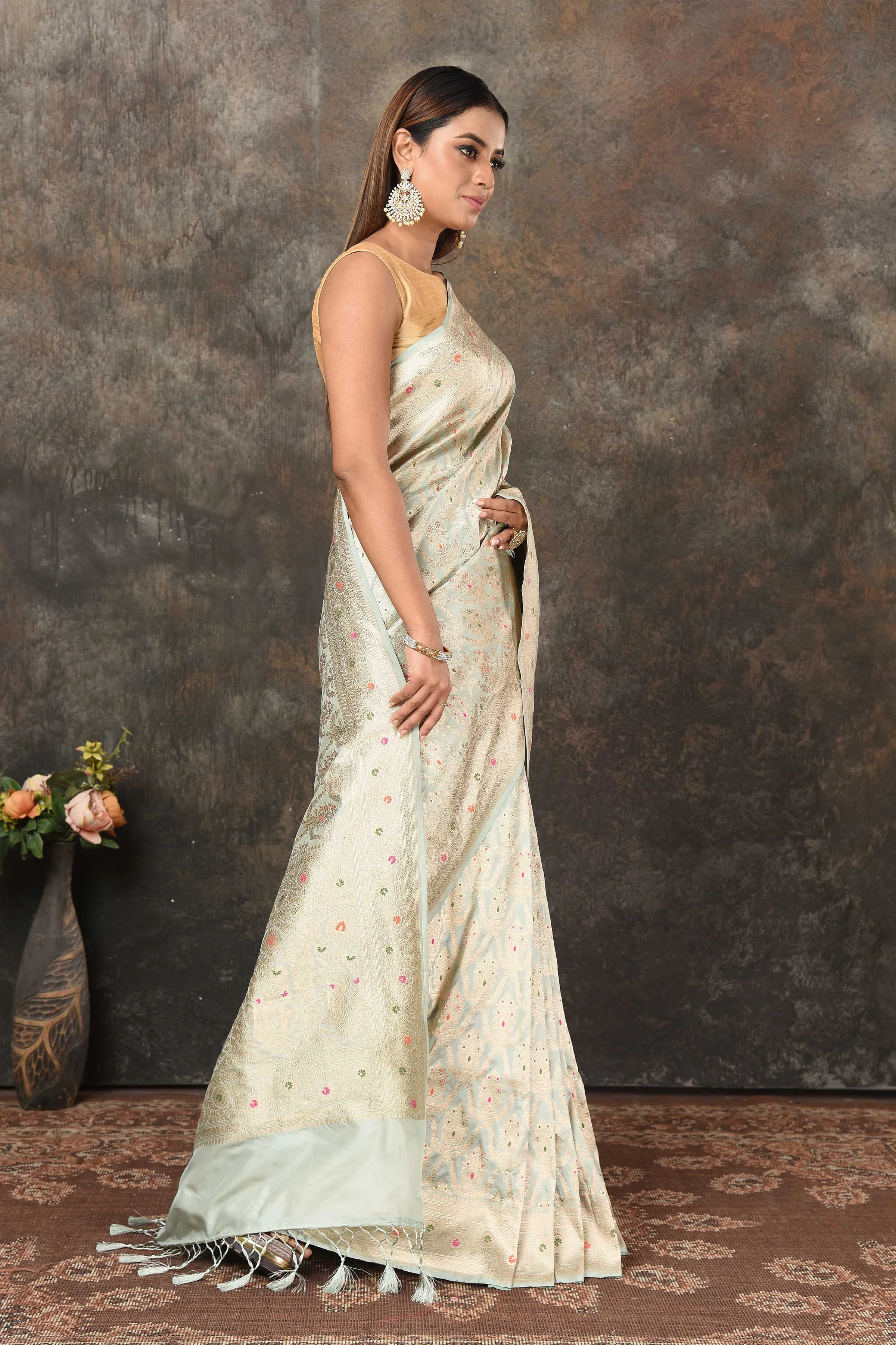 90N473-RO Pastel Green Benarasi Saree with Zari Minakari Jaal