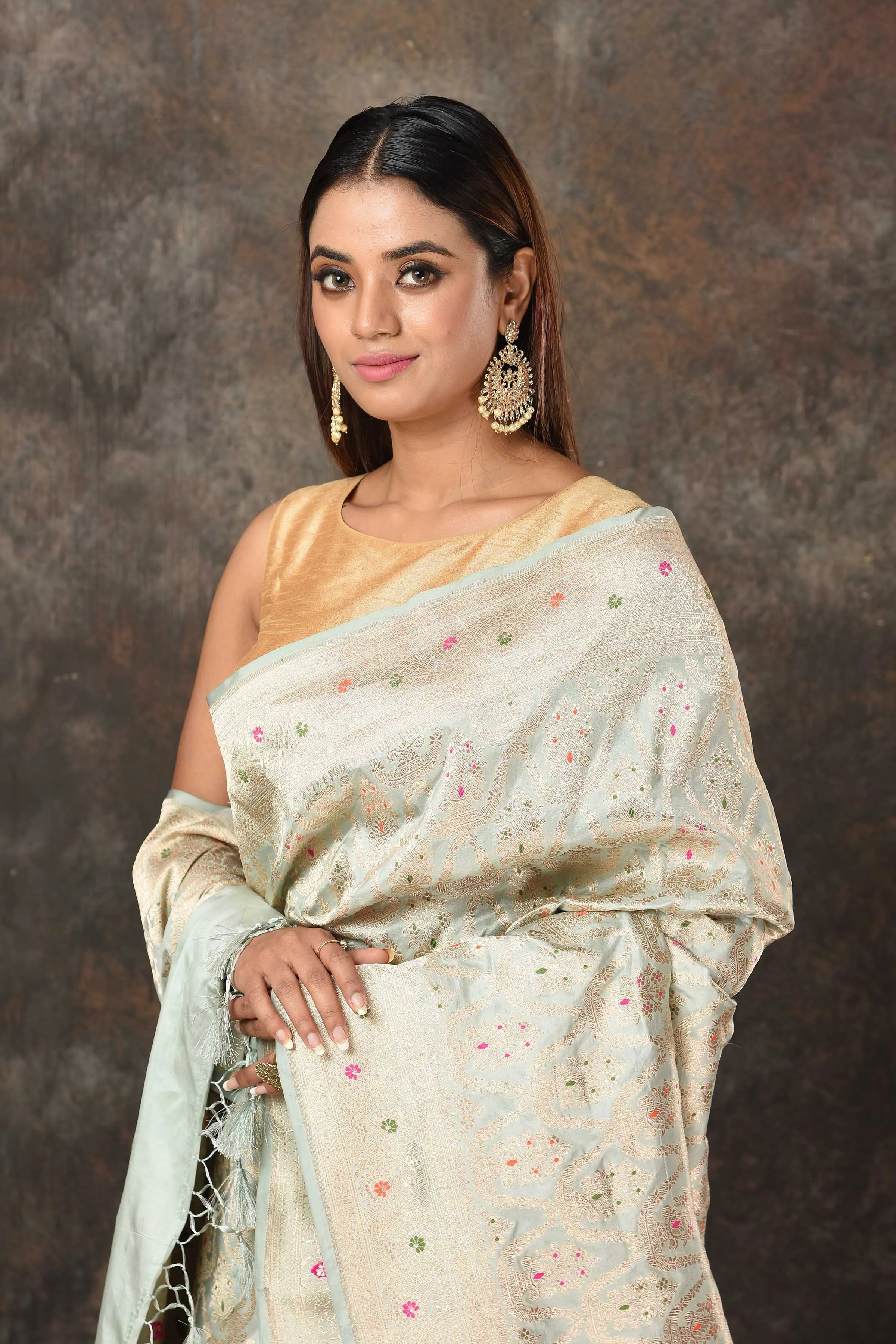 90N473-RO Pastel Green Benarasi Saree with Zari Minakari Jaal