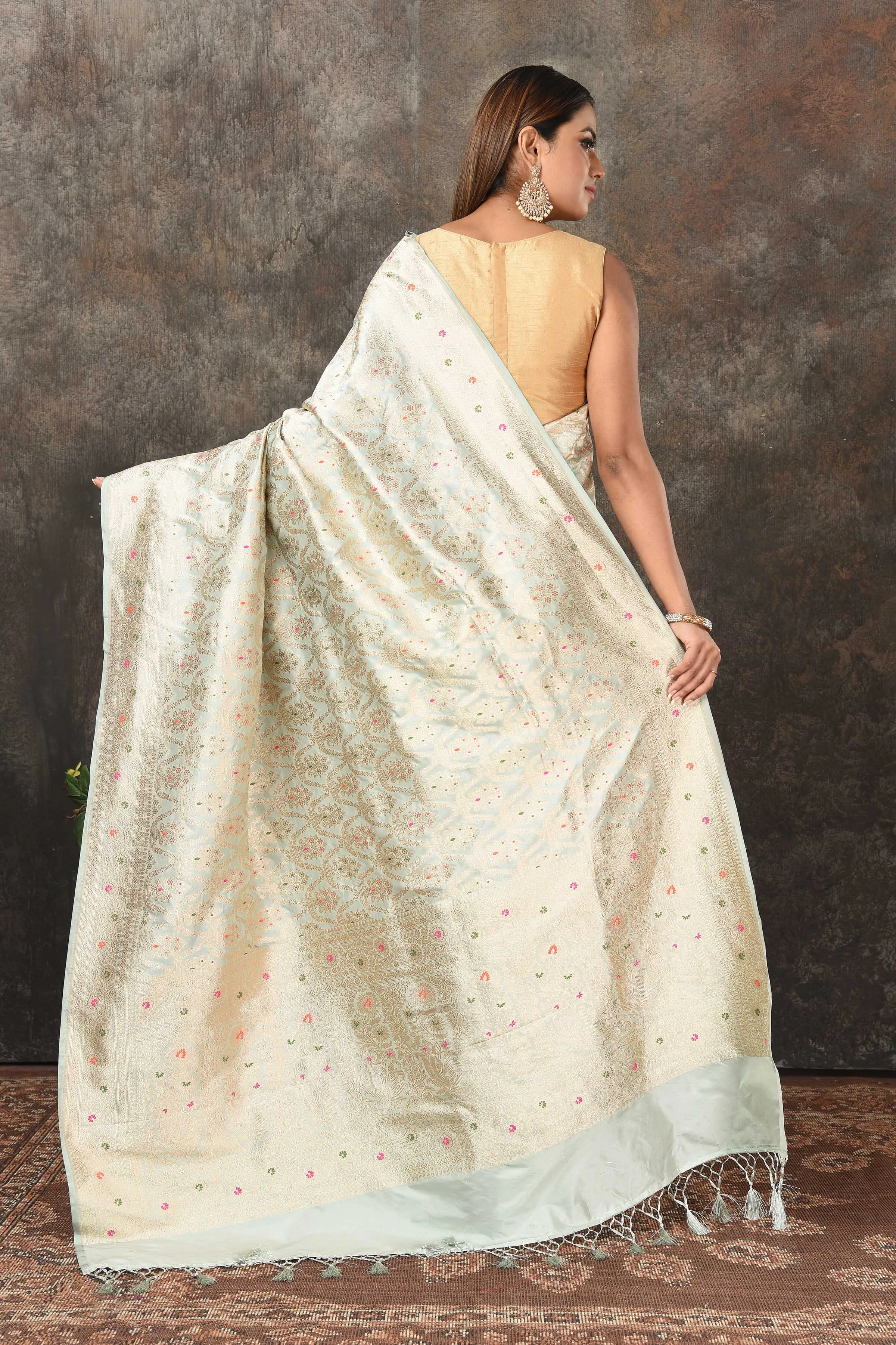 90N473-RO Pastel Green Benarasi Saree with Zari Minakari Jaal