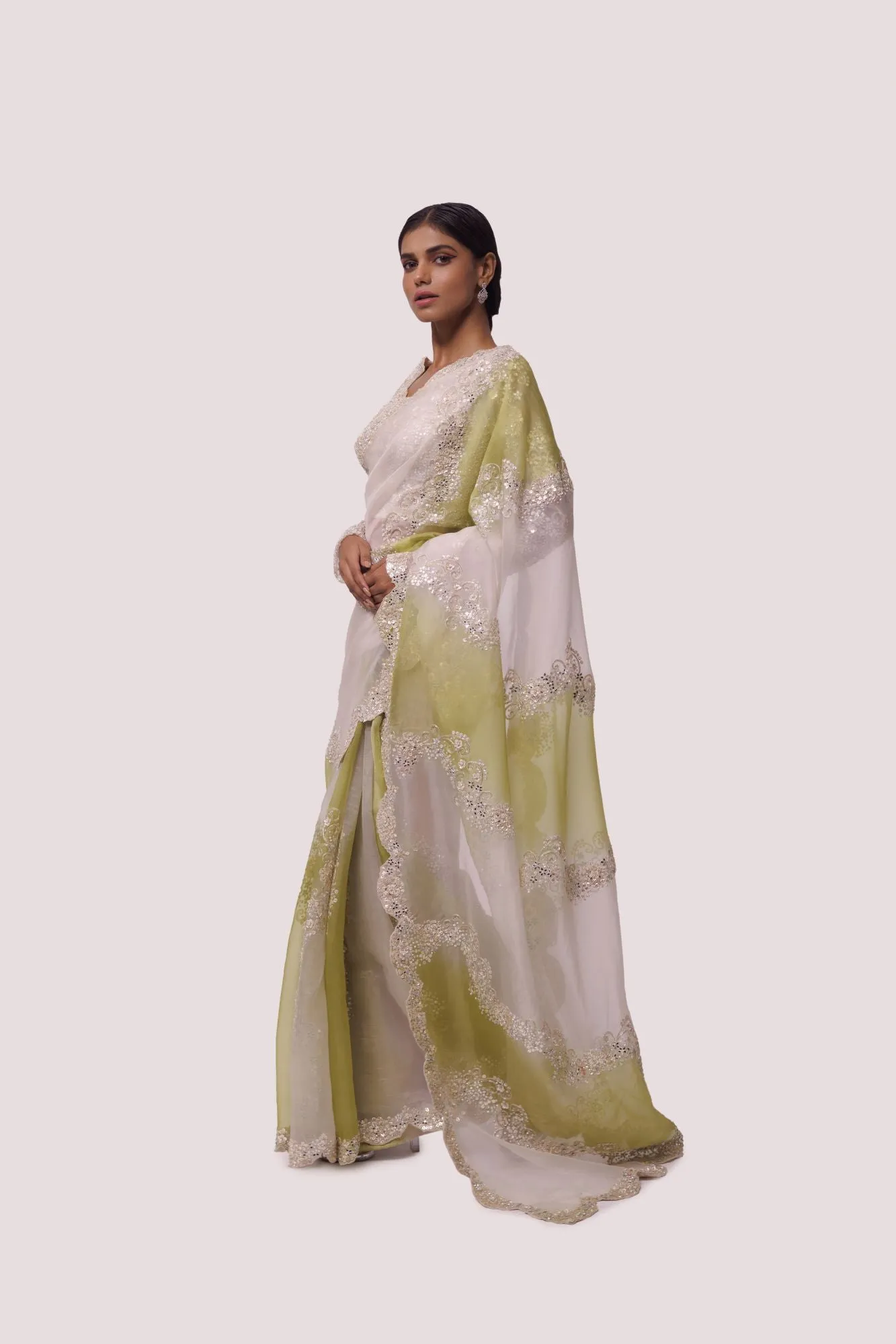 90Z819-RO Green Dual Toned Organza Saree