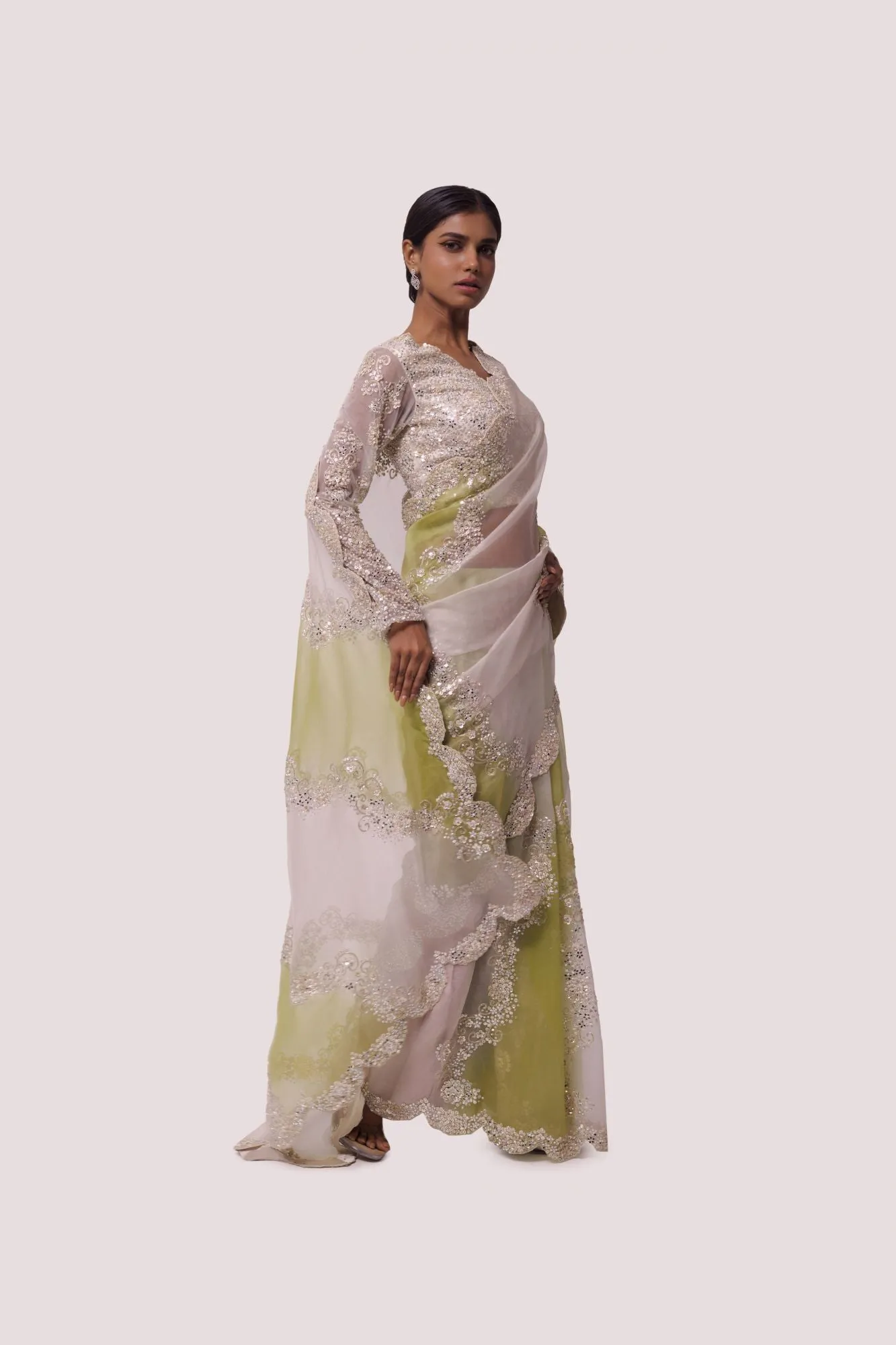 90Z819-RO Green Dual Toned Organza Saree