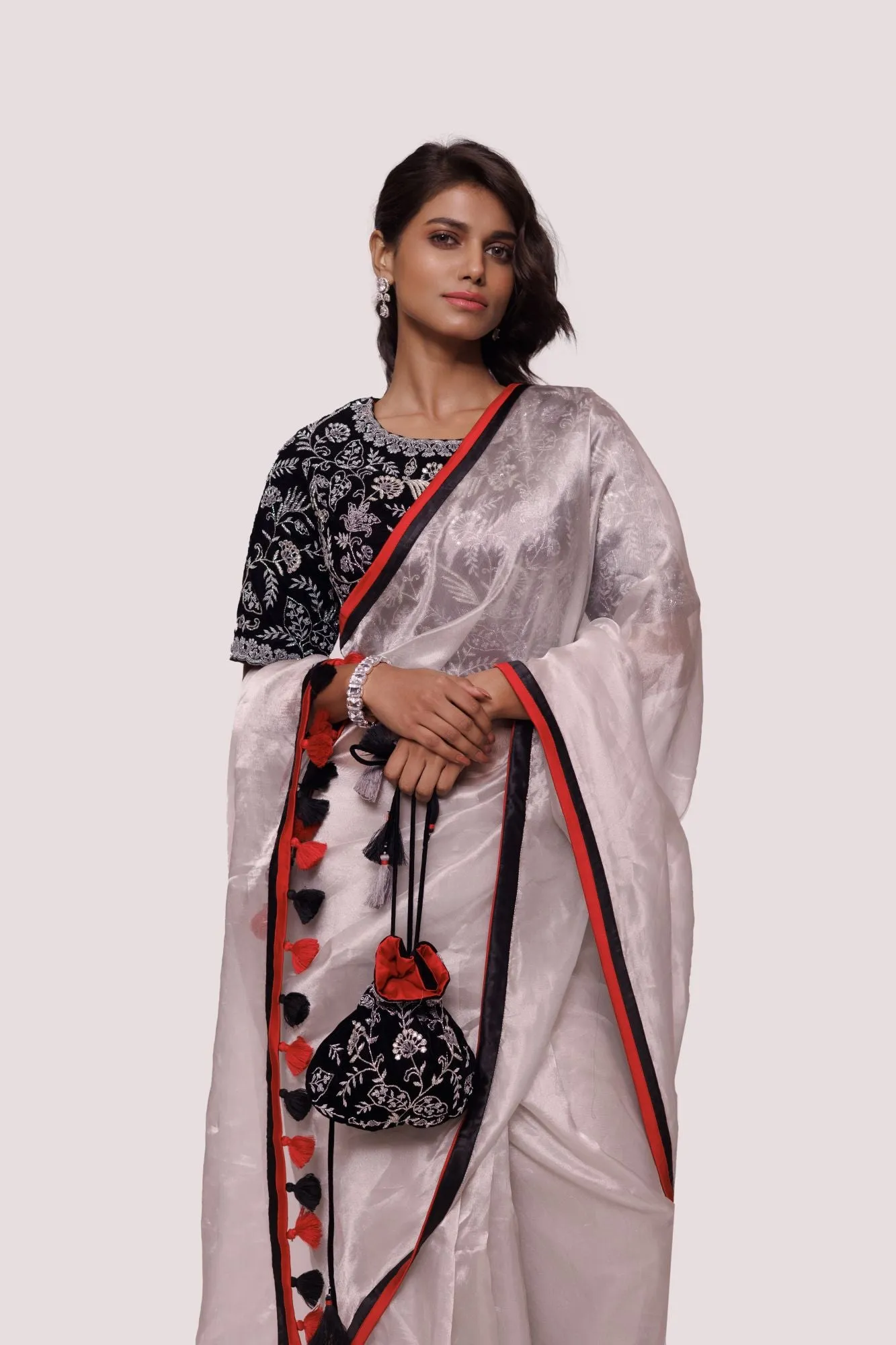 90Z820-RO Grey Black Organza Saree