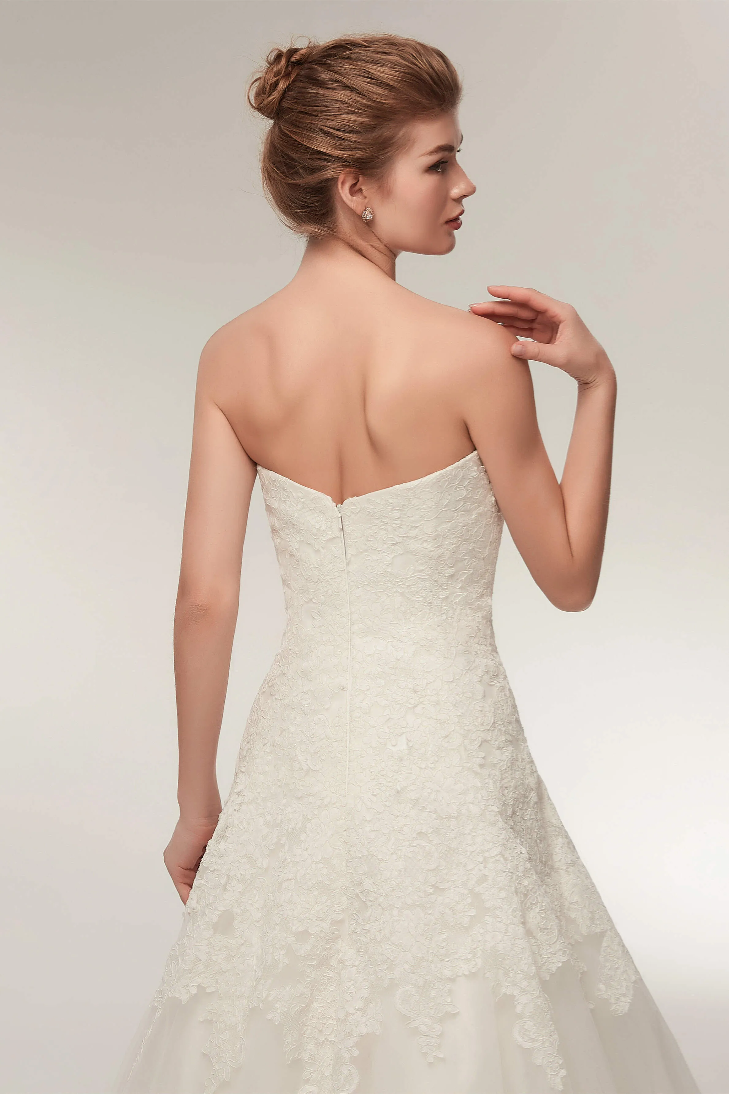 A Line Strapless Ivory Lace Floor Length Wedding Dresses