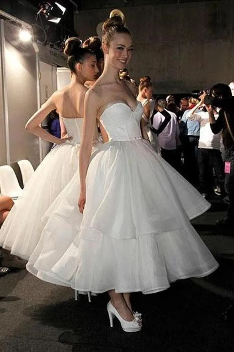 A Line Strapless Sweetheart Organza Tea Length Wedding Dresses, Prom Dresses,JL20034