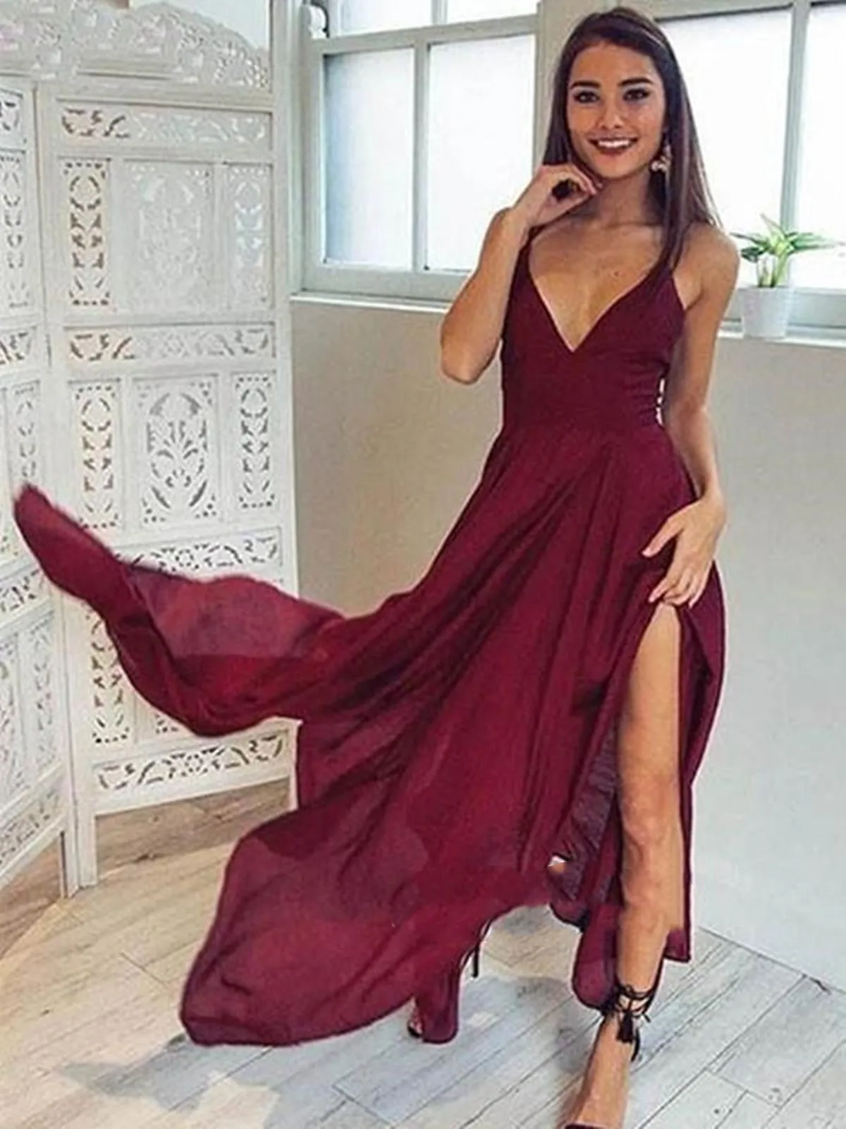 A Line V Neck Backless Long Maroon/Burgundy Prom Dresses, Backless Formal Dresses, Backless Maroon/Burgundy Bridesmaid Dresses