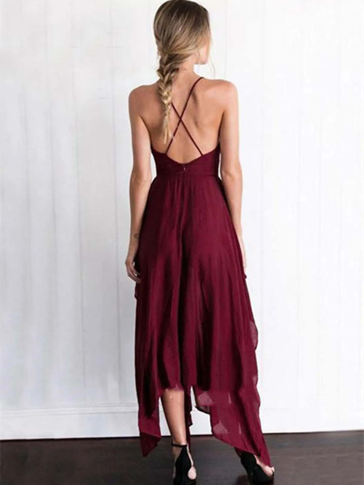 A Line V Neck Backless Long Maroon/Burgundy Prom Dresses, Backless Formal Dresses, Backless Maroon/Burgundy Bridesmaid Dresses