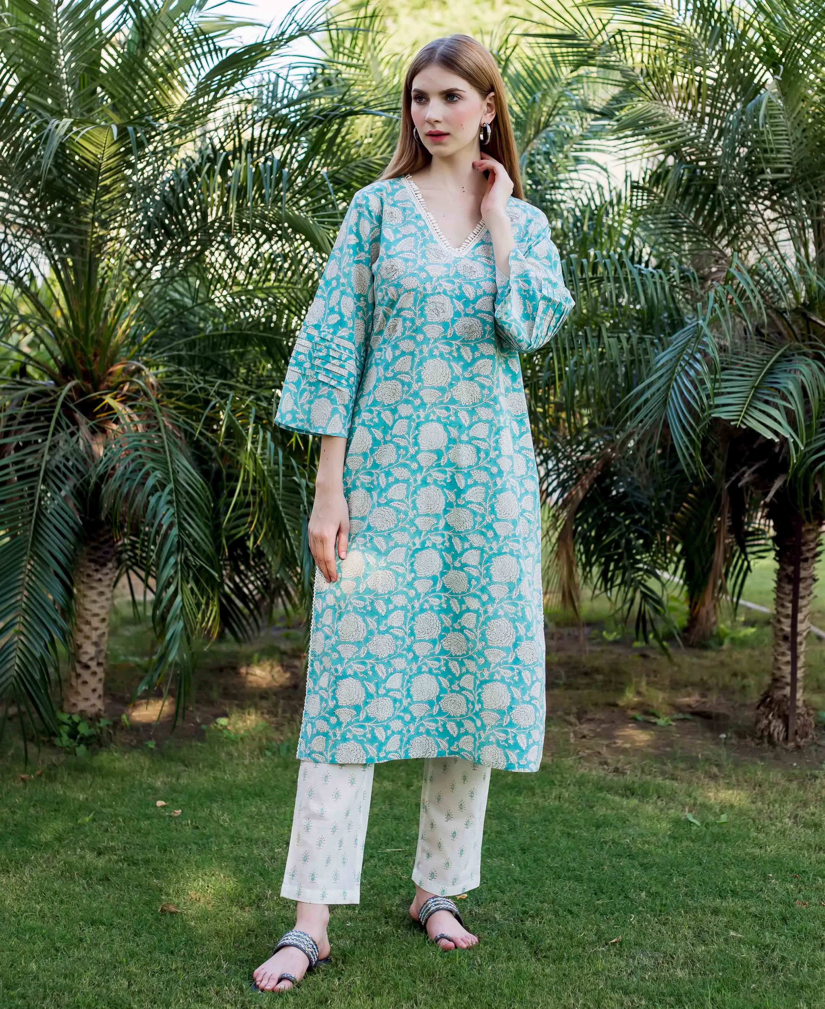 Abia Teal Embroidered and Printed Kurta