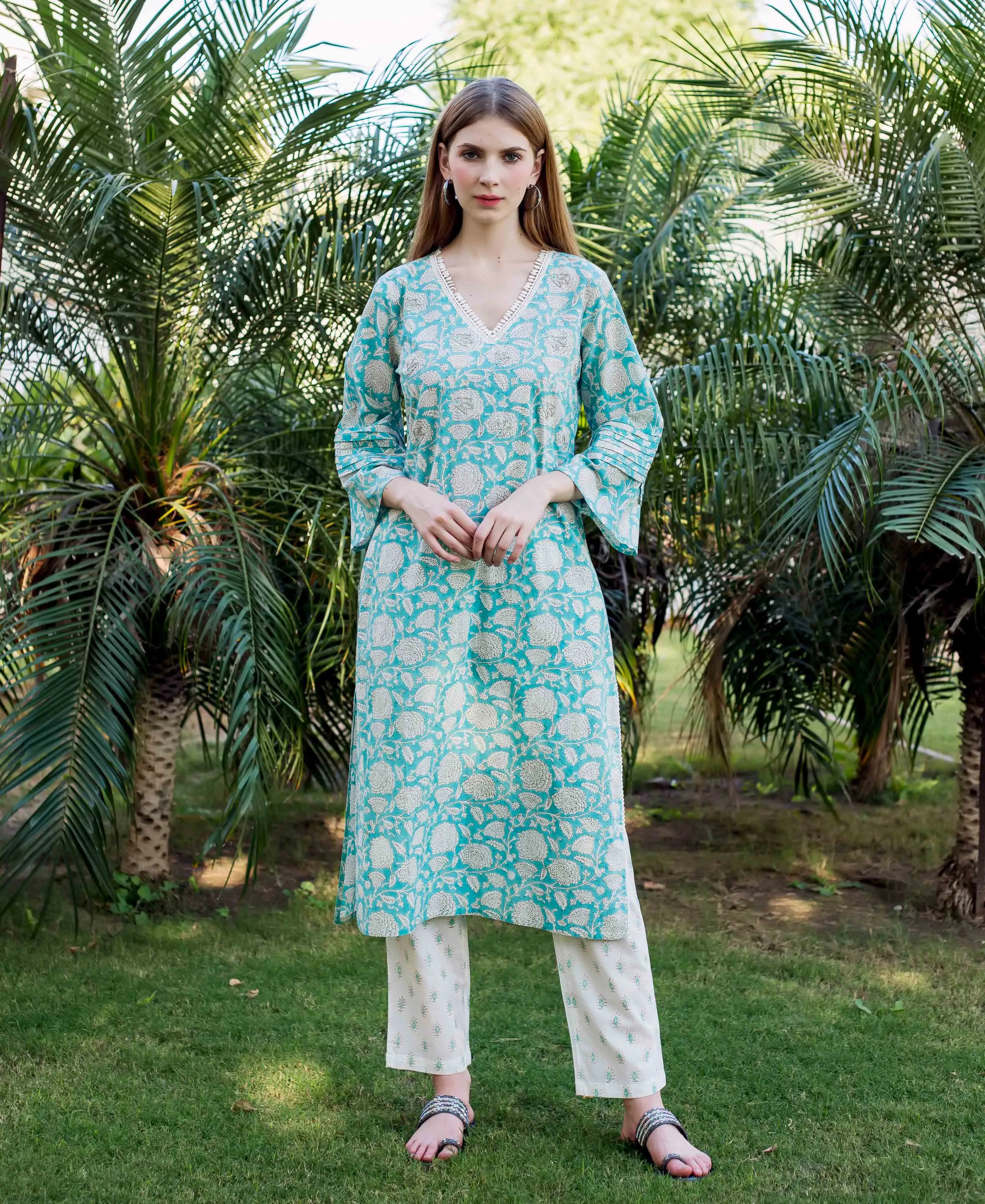 Abia Teal Embroidered and Printed Kurta