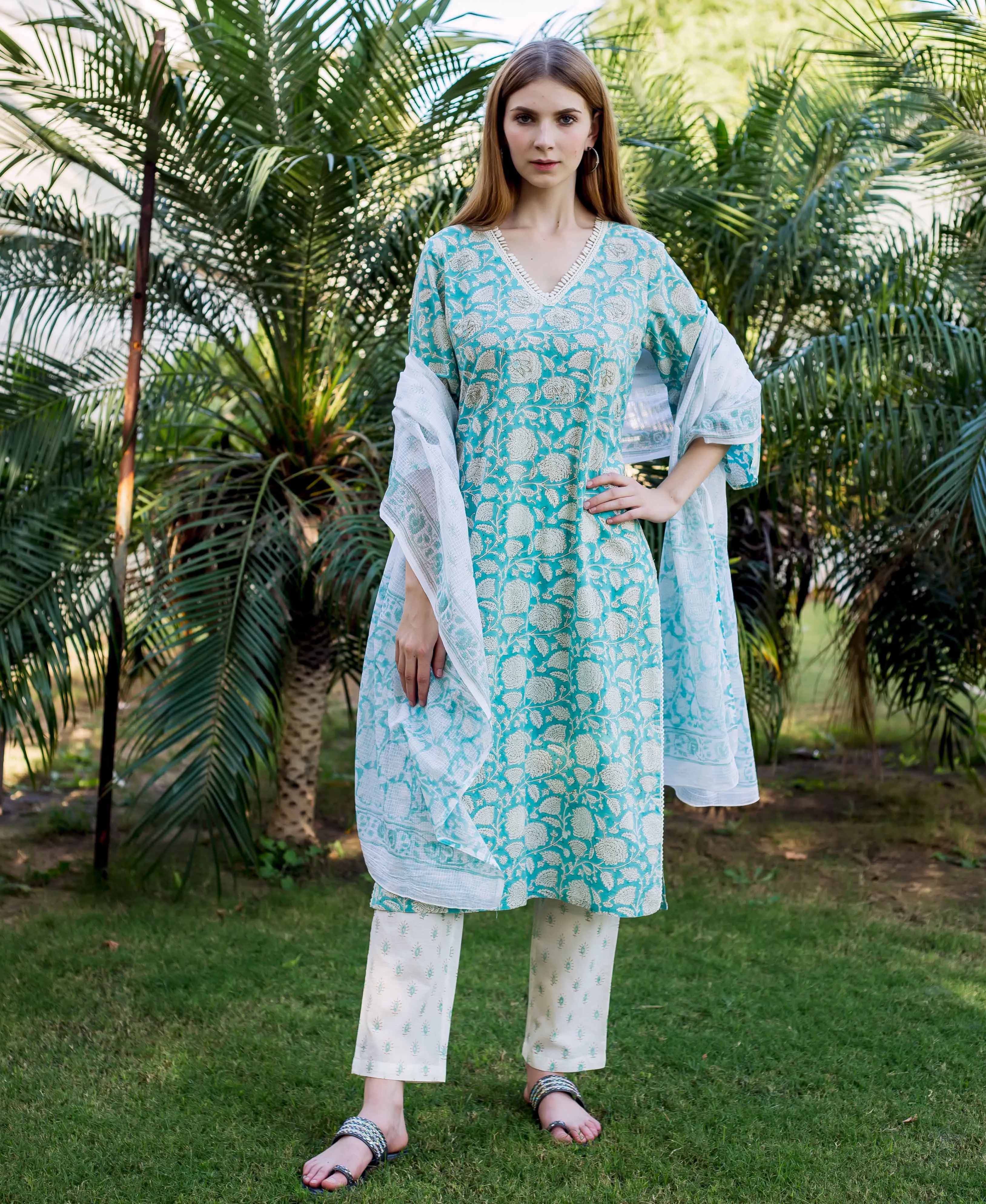 Abia Teal Embroidered and Printed Kurta