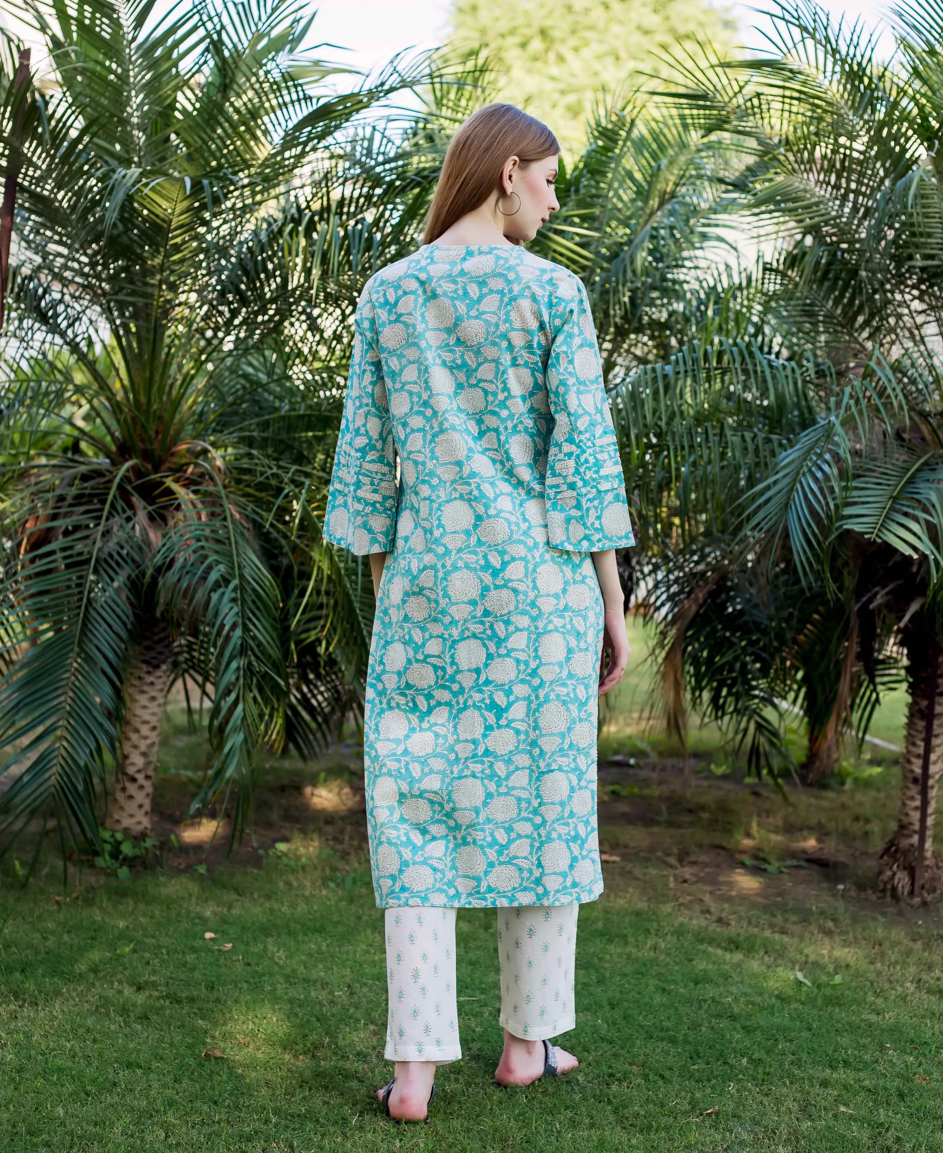 Abia Teal Embroidered and Printed Kurta