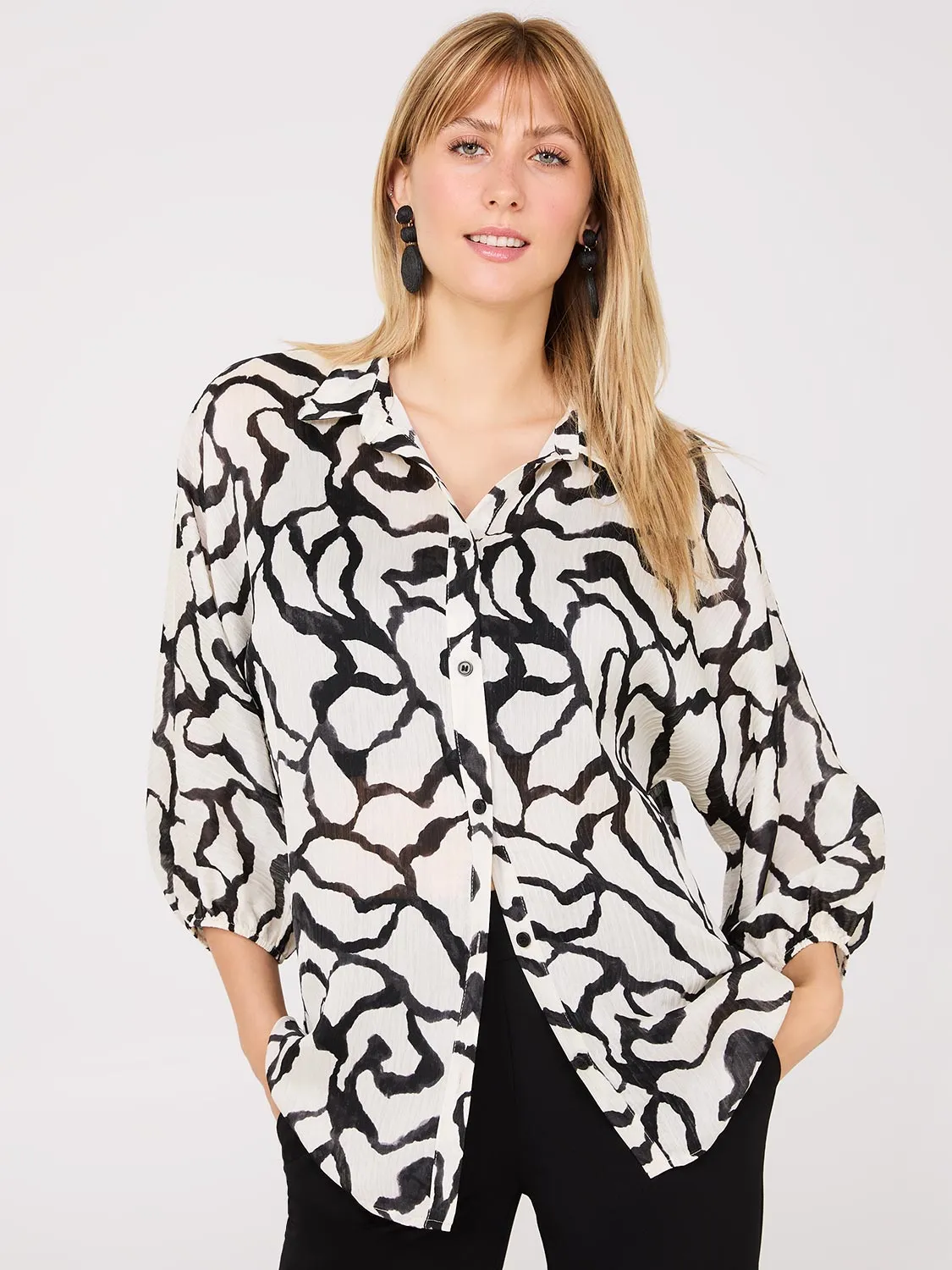 Abstract Print Crinkle Button-Front Blouse