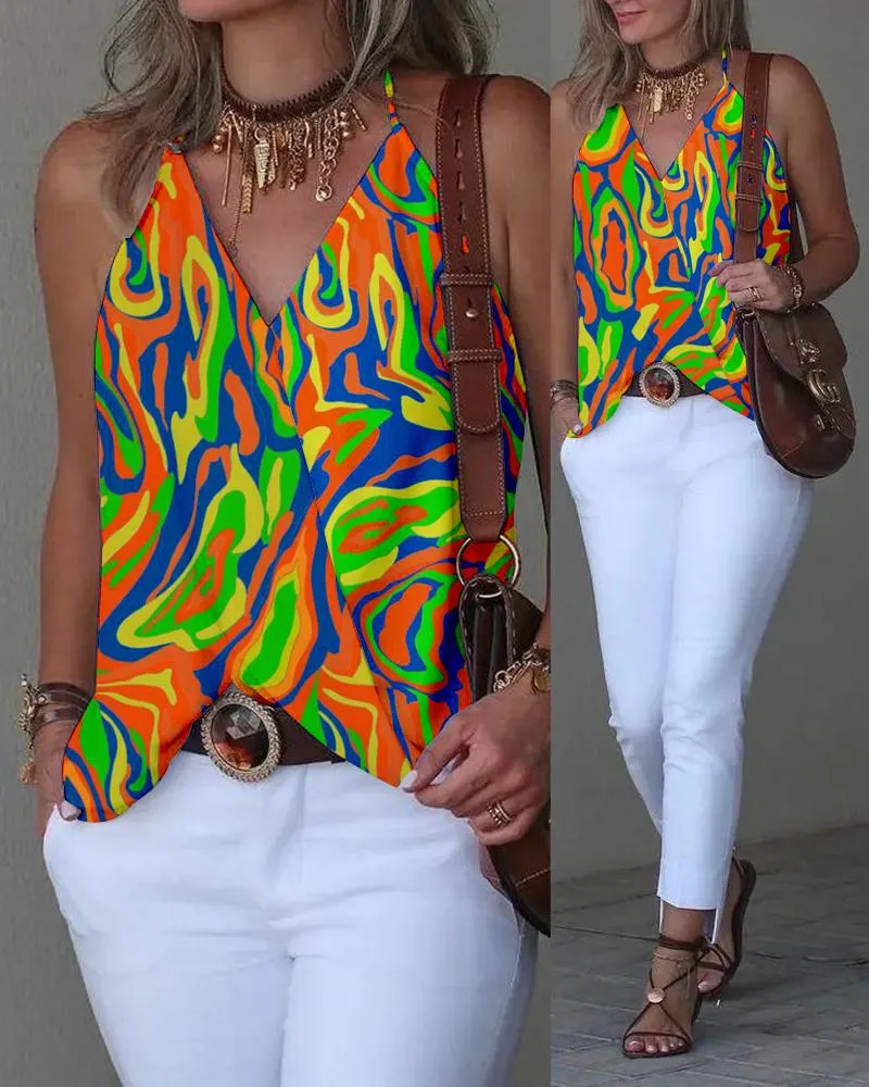 Abstract Print Halter Sleeveless Wrap Tank Top