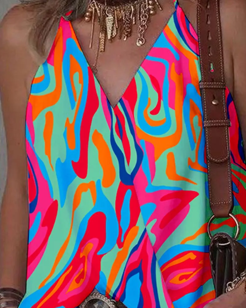 Abstract Print Halter Sleeveless Wrap Tank Top