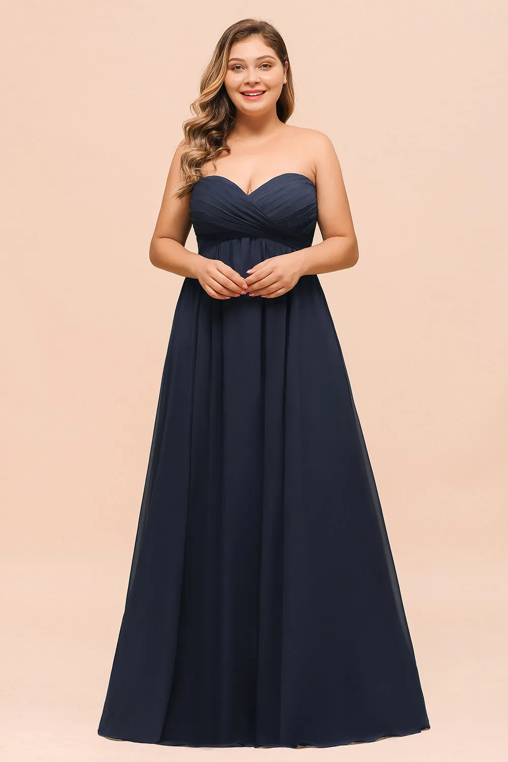 Affordable Dark Navy Long Sweetheart Chiffon Plus Size Bridesmaid Dress