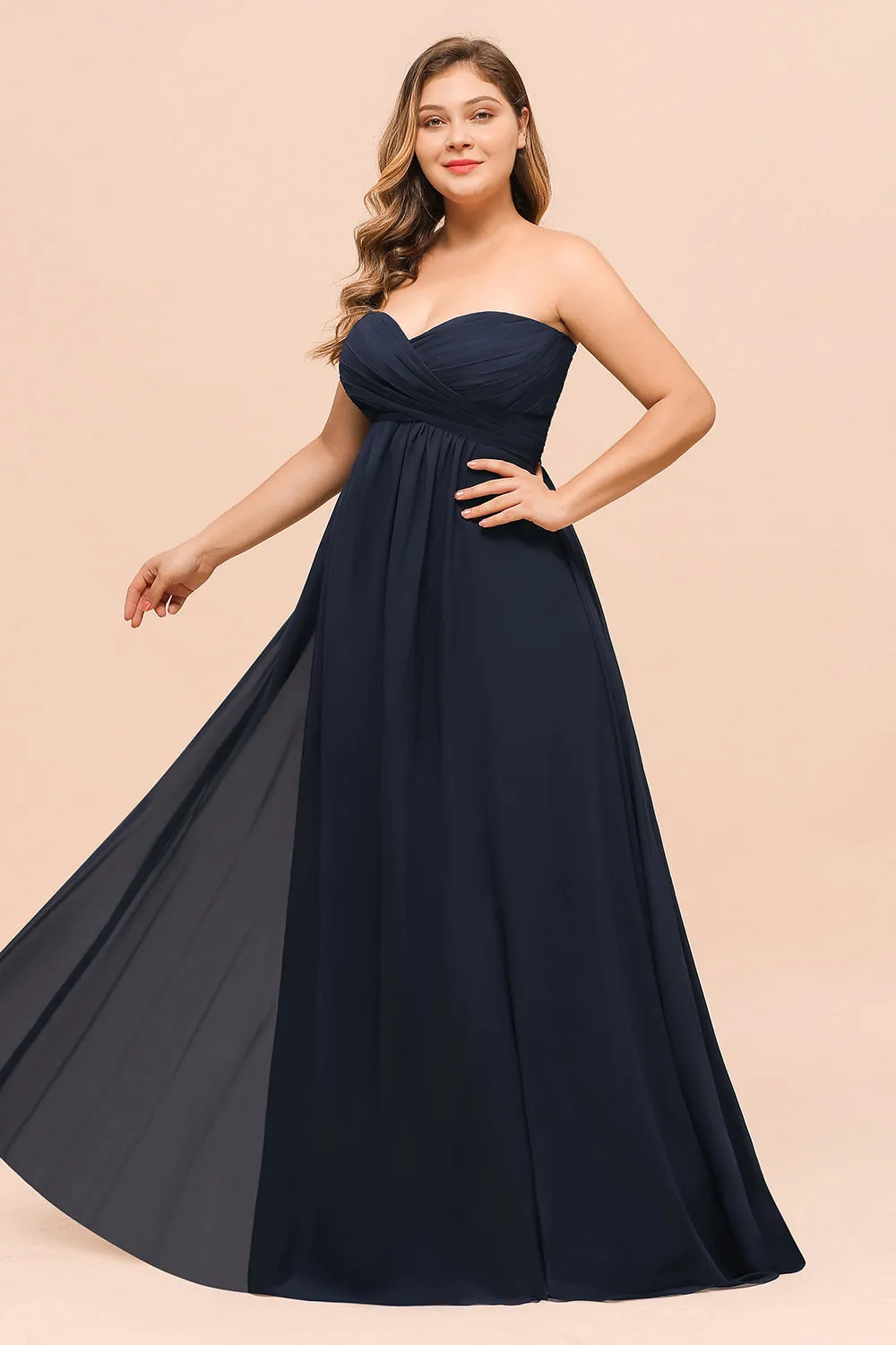 Affordable Dark Navy Long Sweetheart Chiffon Plus Size Bridesmaid Dress