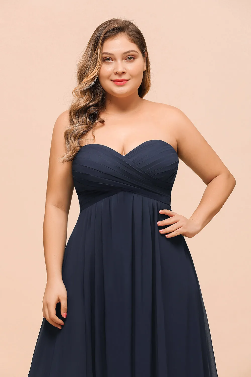 Affordable Dark Navy Long Sweetheart Chiffon Plus Size Bridesmaid Dress