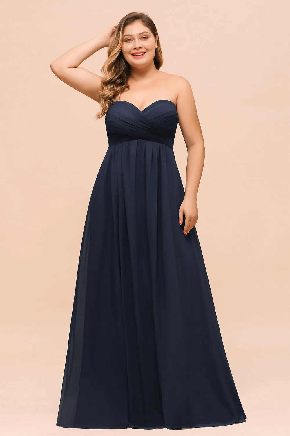 Affordable Dark Navy Long Sweetheart Chiffon Plus Size Bridesmaid Dress