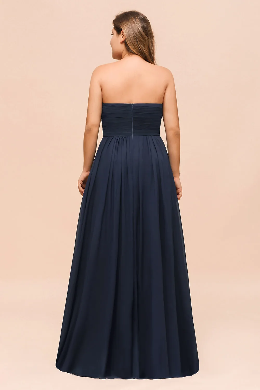 Affordable Dark Navy Long Sweetheart Chiffon Plus Size Bridesmaid Dress