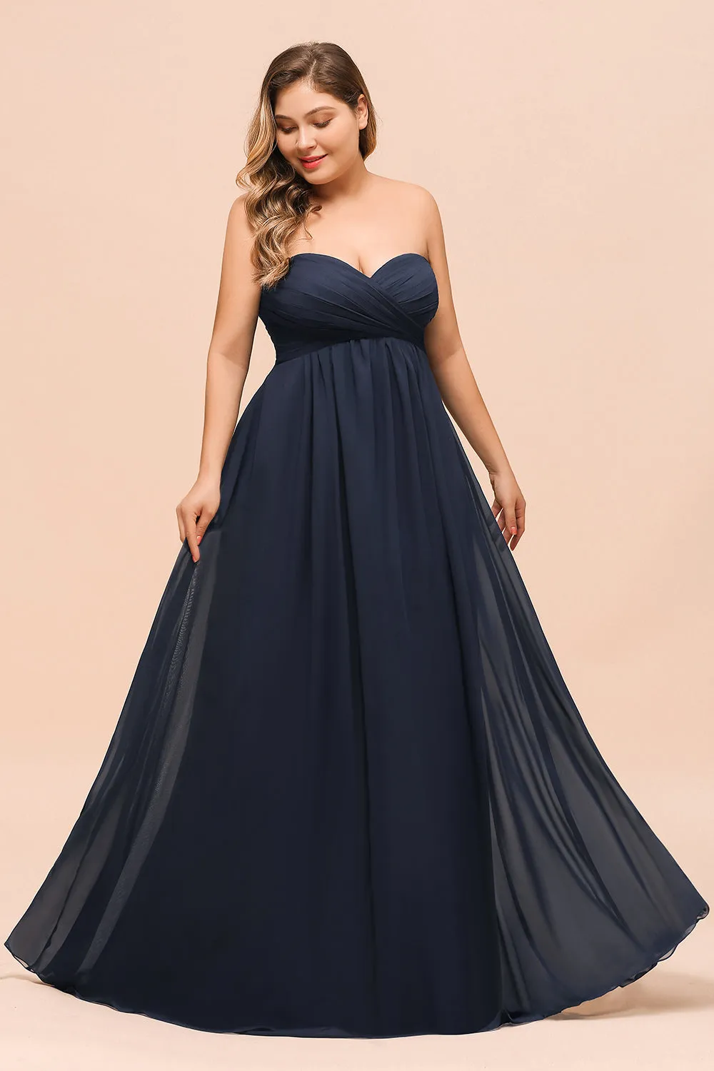 Affordable Dark Navy Long Sweetheart Chiffon Plus Size Bridesmaid Dress