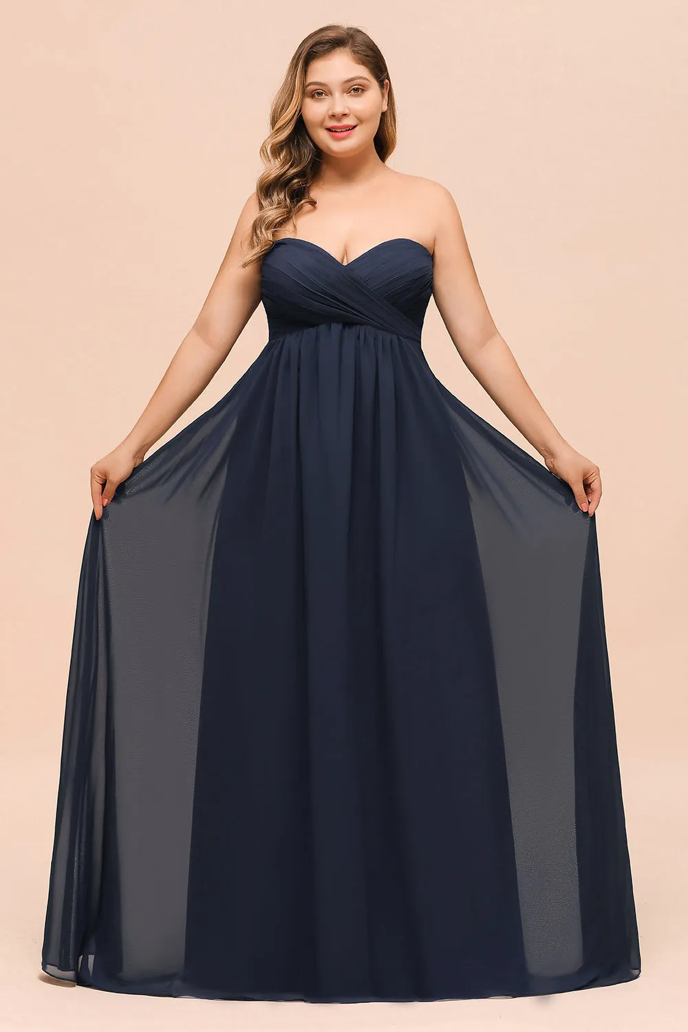 Affordable Dark Navy Long Sweetheart Chiffon Plus Size Bridesmaid Dress