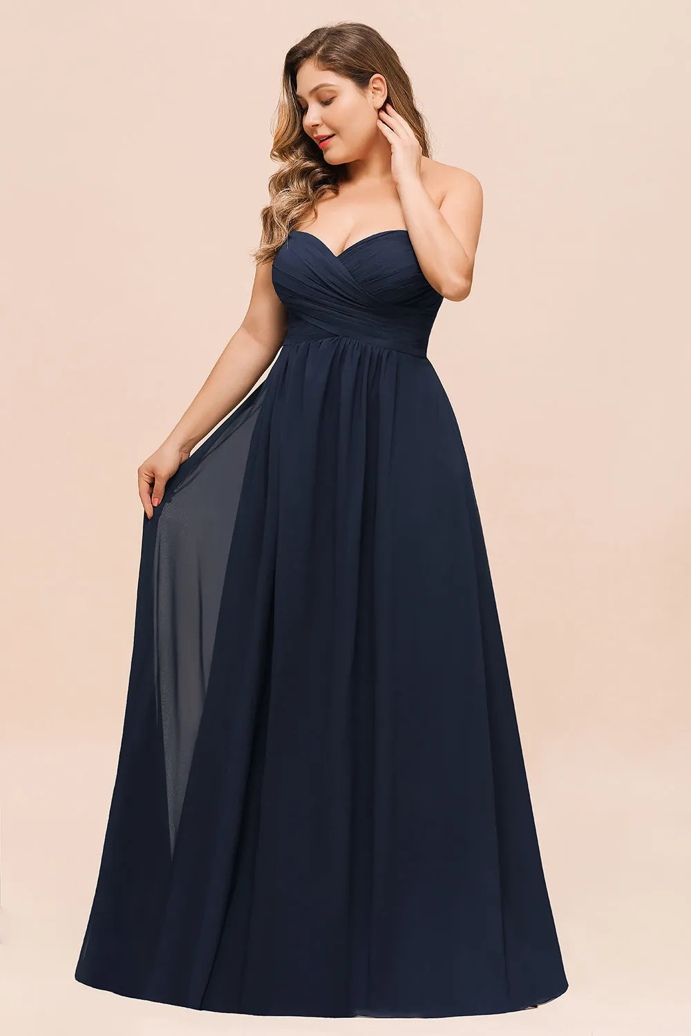 Affordable Dark Navy Long Sweetheart Chiffon Plus Size Bridesmaid Dress