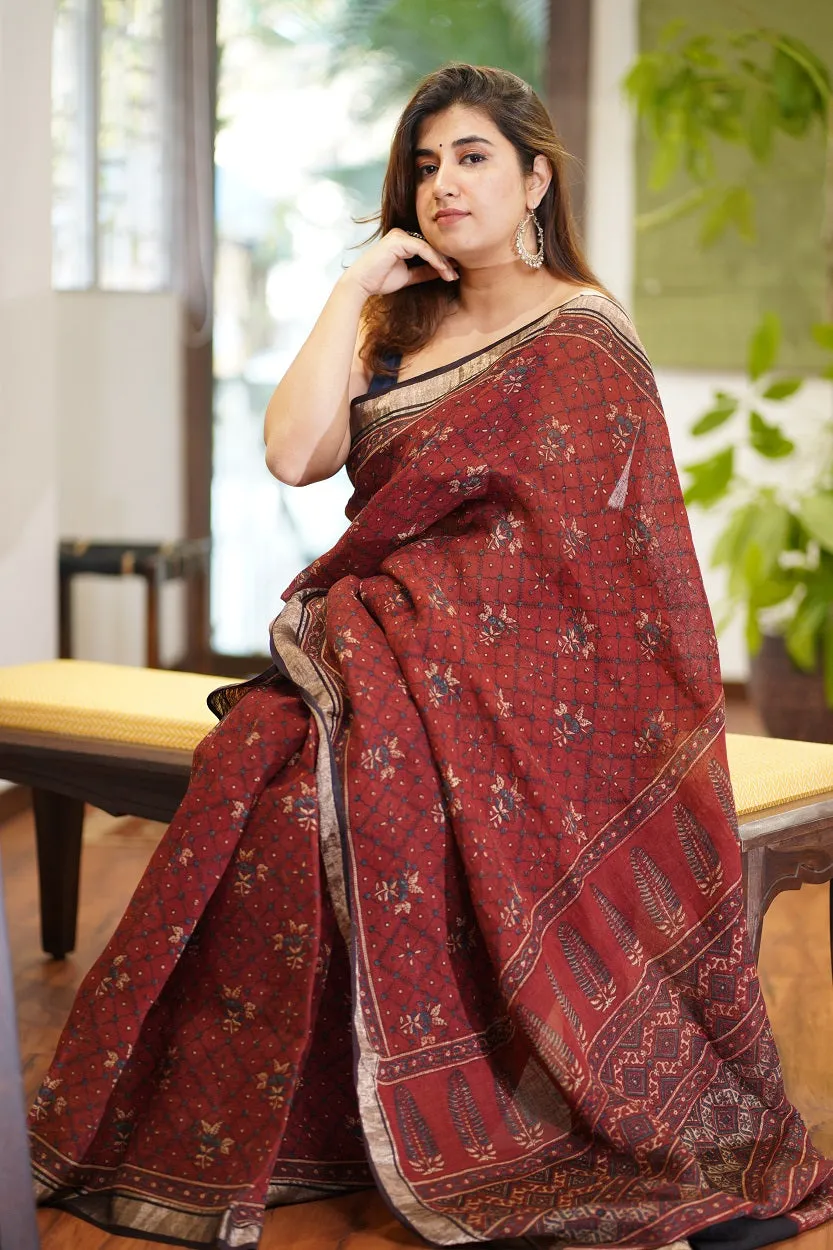 Ajrakh Hand Block Printed Linen Saree