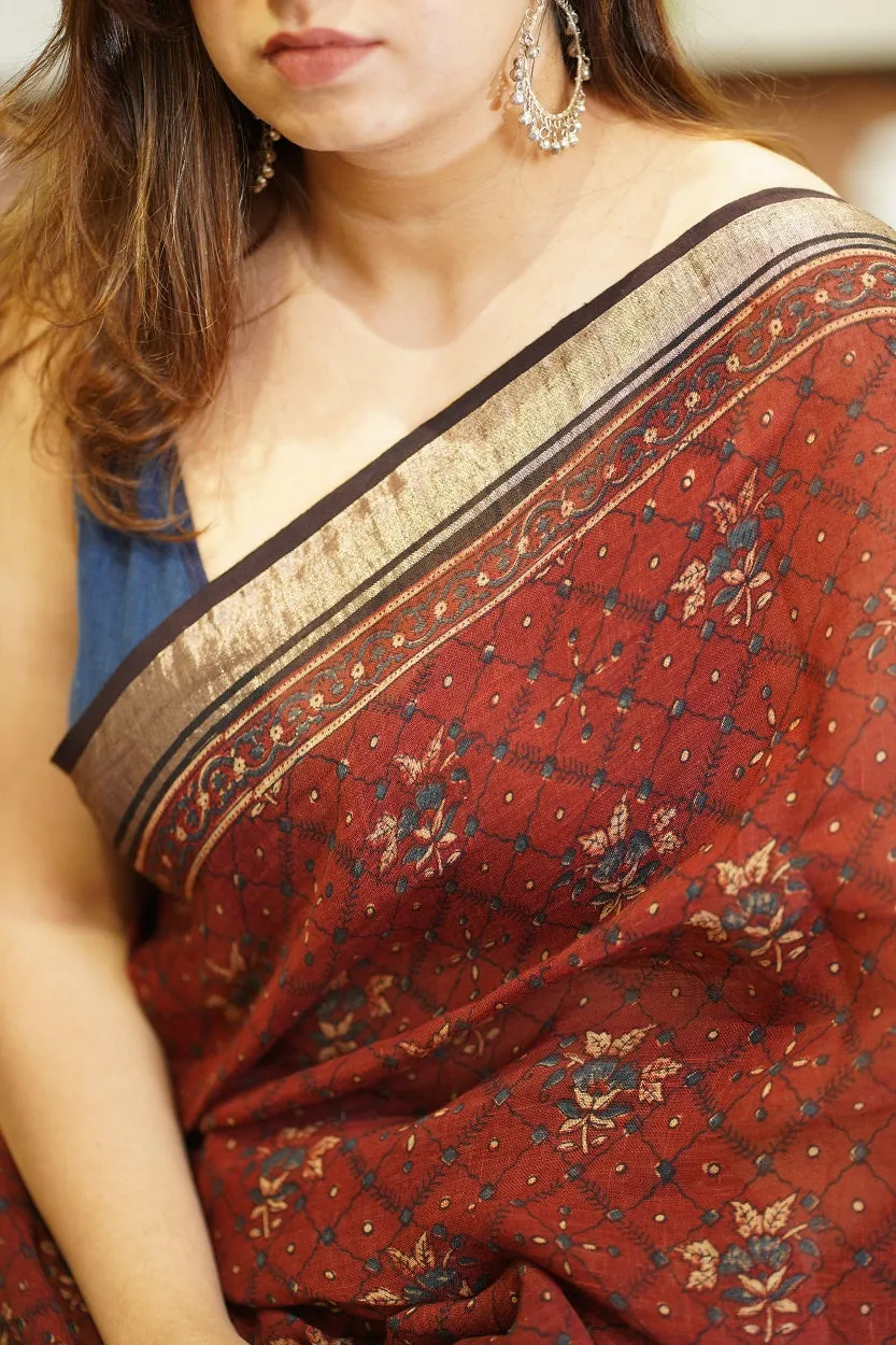 Ajrakh Hand Block Printed Linen Saree