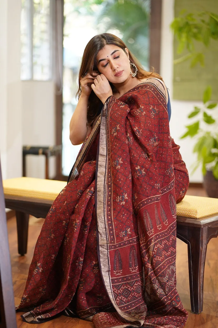 Ajrakh Hand Block Printed Linen Saree