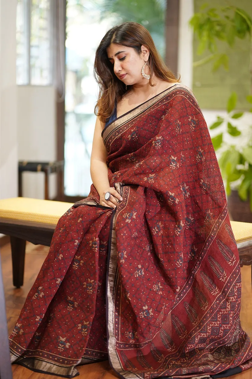 Ajrakh Hand Block Printed Linen Saree