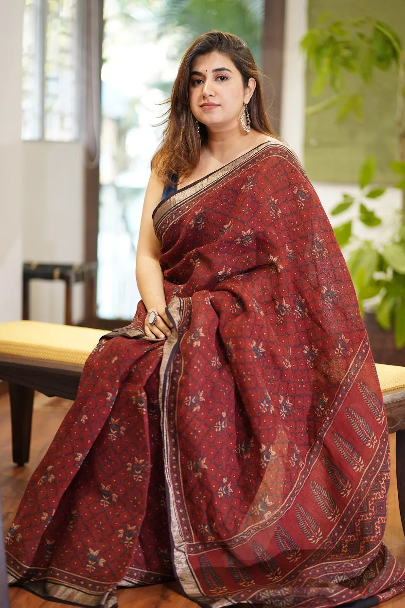 Ajrakh Hand Block Printed Linen Saree