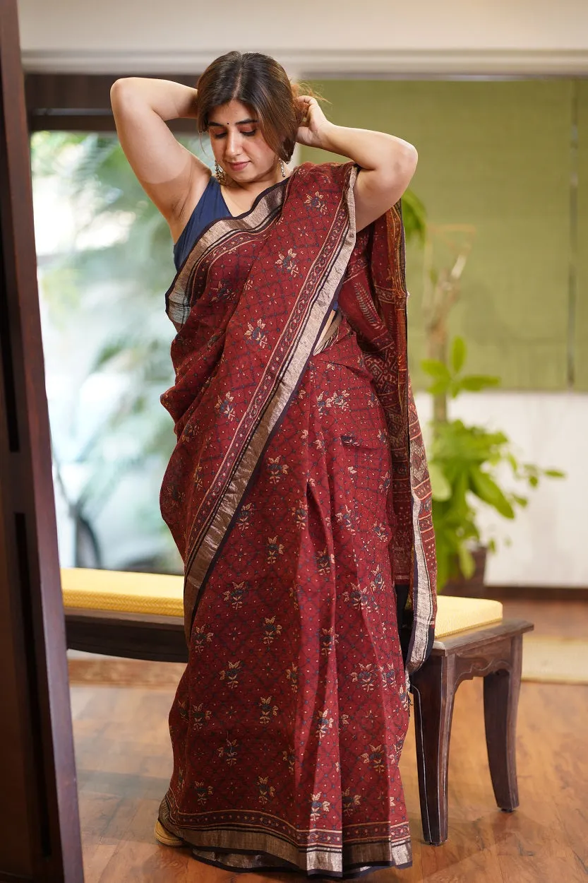 Ajrakh Hand Block Printed Linen Saree