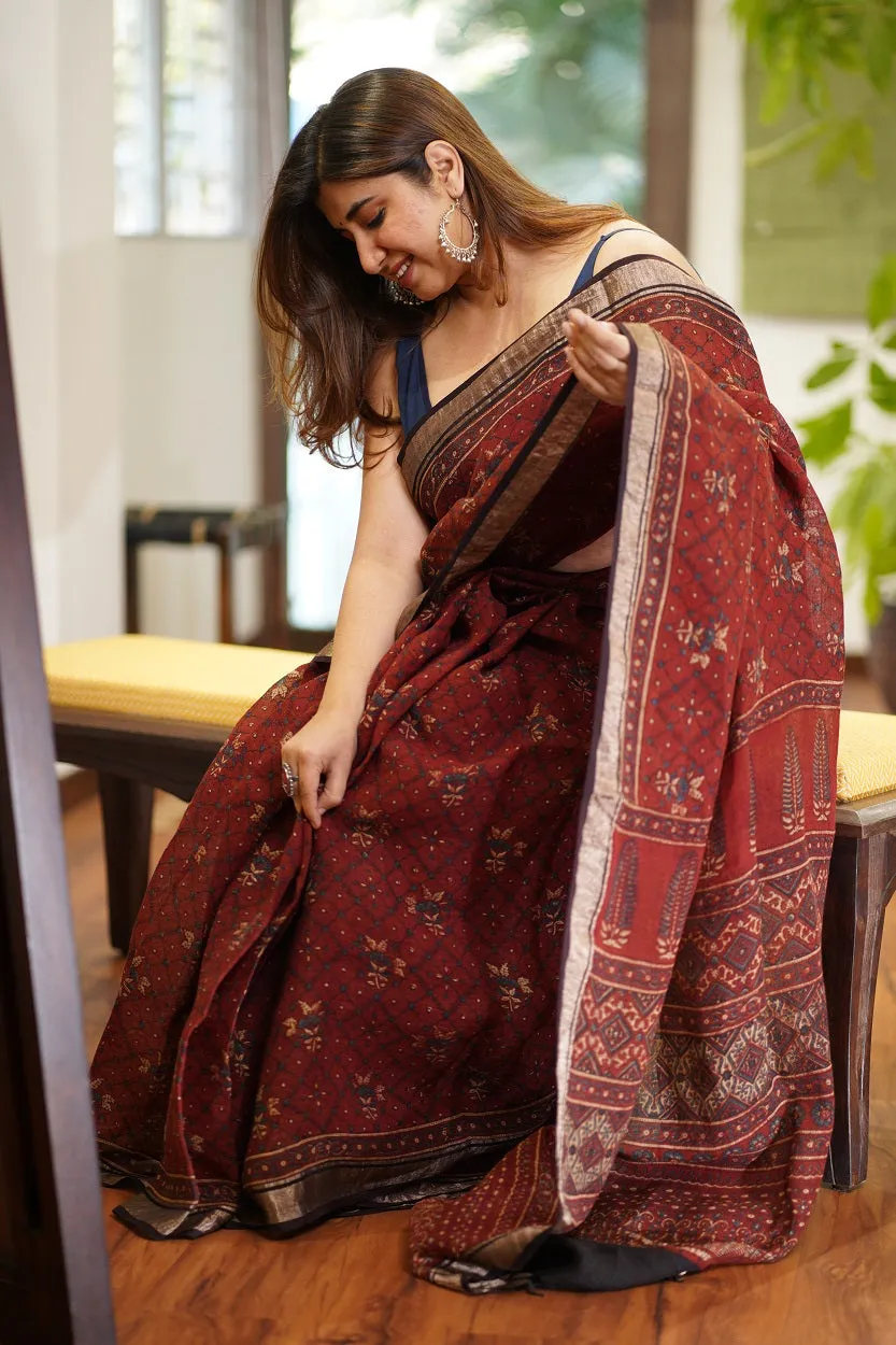 Ajrakh Hand Block Printed Linen Saree