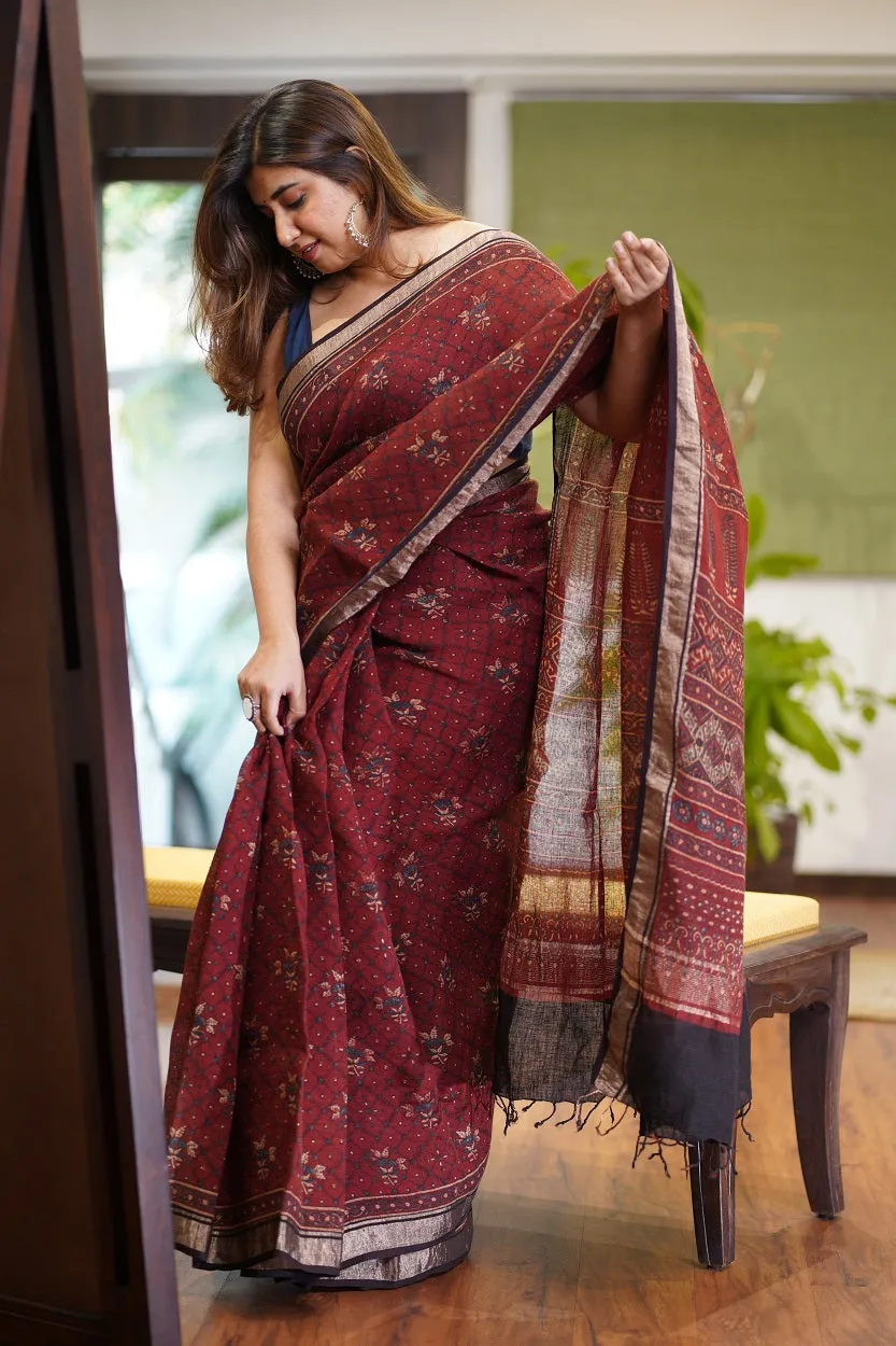 Ajrakh Hand Block Printed Linen Saree