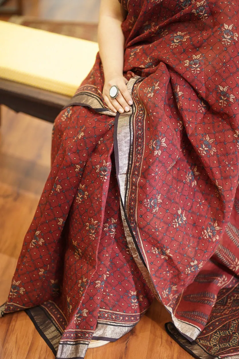 Ajrakh Hand Block Printed Linen Saree