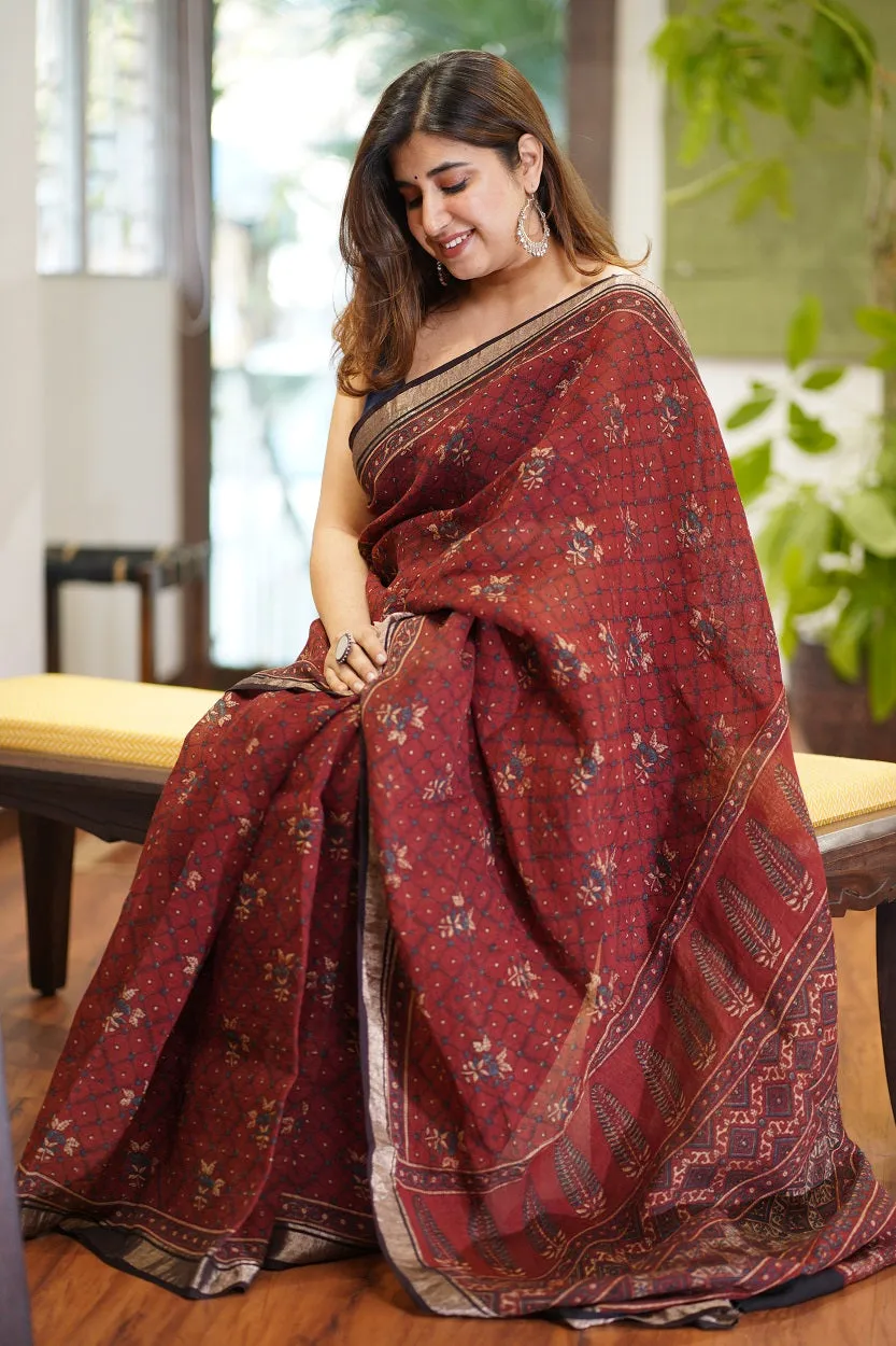 Ajrakh Hand Block Printed Linen Saree