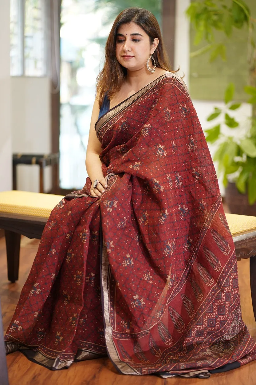 Ajrakh Hand Block Printed Linen Saree